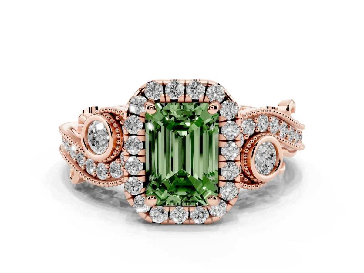 Fancy Green Emerald Cut Halo Diamond Ring with Milgrain and Bezel Accents on a Split Shank Band Rose gold