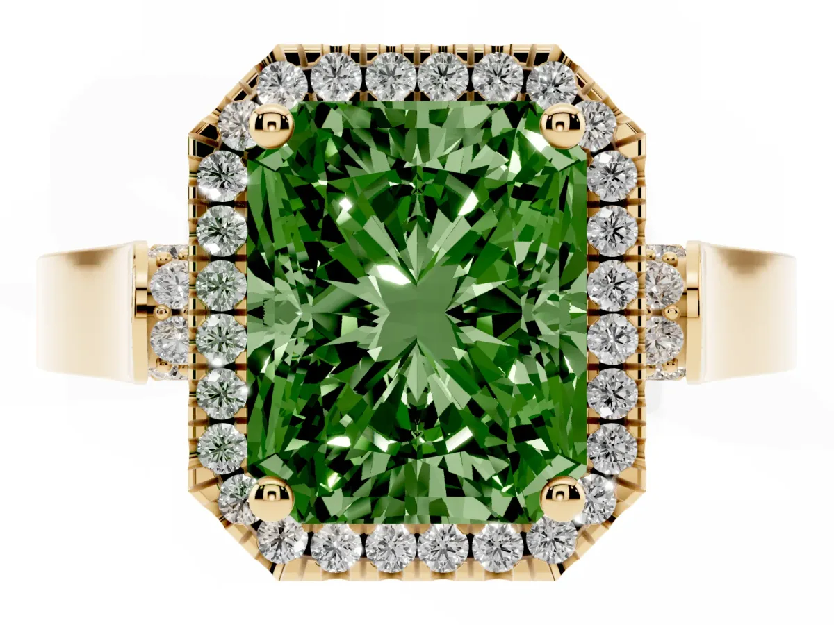 Fancy Green Radiant Cut Halo Pave Split Shank Prong Setting Ring Yellow gold