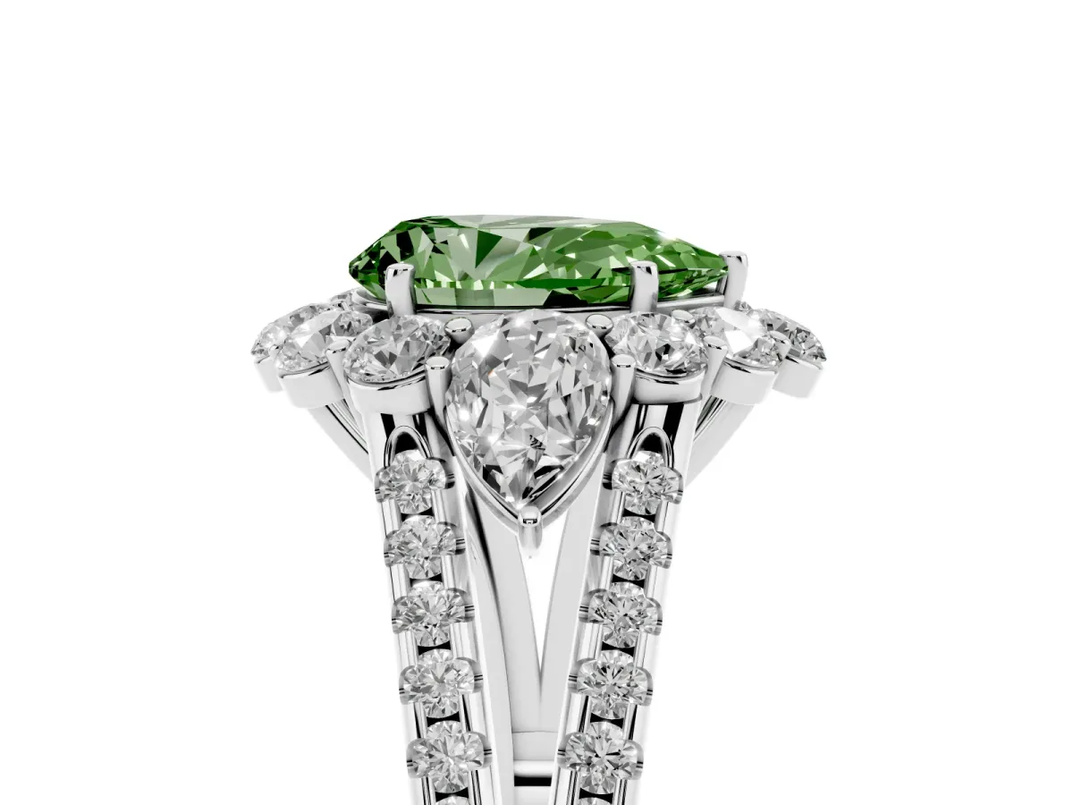 Fancy Green Pear Cut Halo Split Shank Diamond Engagement Ring with Prong Setting Platinum