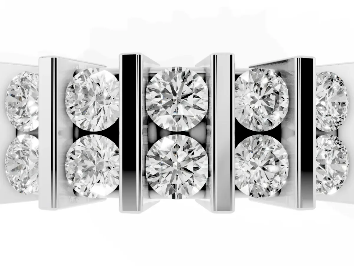 Channel Set Round Diamond Step Band with Bar Prong Setting Silver