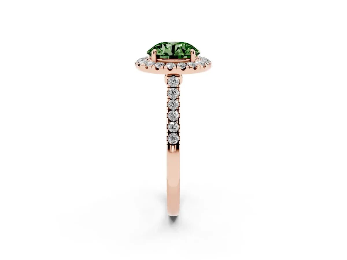 Fancy Green Round Cut Halo Pave Diamond Engagement Ring with Four-Prong Setting Rose gold