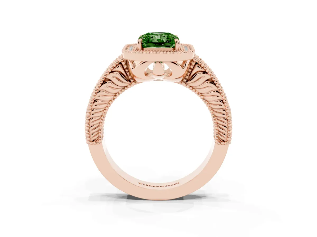 Fancy Green Radiant Cut Cut Halo Diamond Ring with Pavé Band and Four-Prong Setting Rose gold
