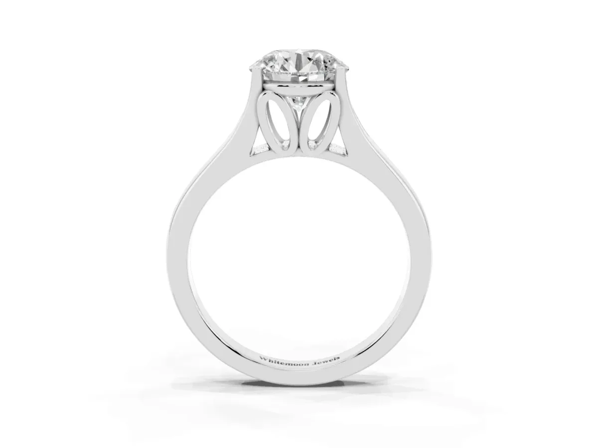 Round Cut Solitaire Diamond Ring with Cathedral Band and Four-Prong Setting Platinum