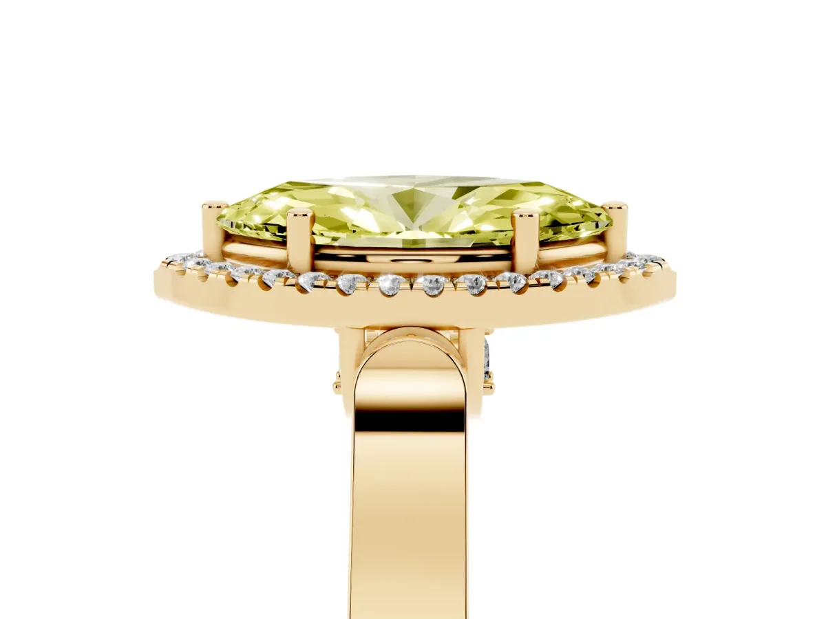 Fancy Yellow Marquise Cut Halo Round Diamond Twist Band with Four-Prong Setting Yellow gold