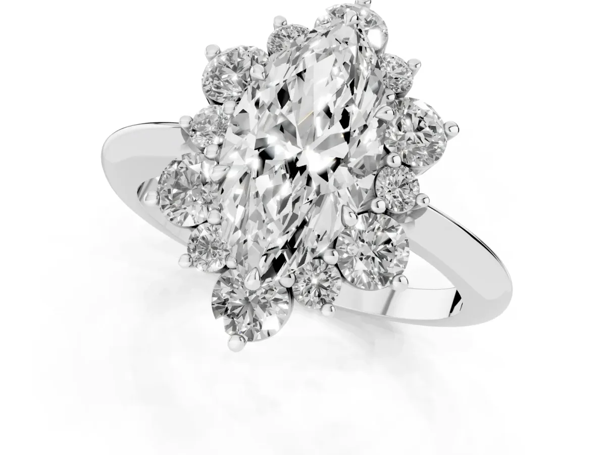 Marquise Cut Diamond Cluster Halo Ring with Solitaire Band and Four-Prong Setting Platinum