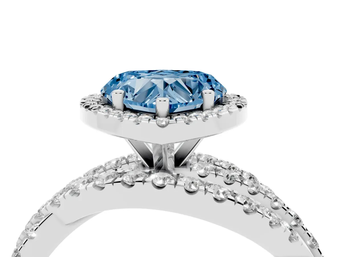 Fancy Blue Heart Cut Diamond Halo Ring with Round Split Shank and Prong Setting Silver