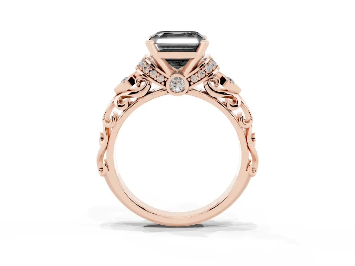 Fancy Black Asscher Cut Diamond Solitaire Ring with Filigree Band and Four-Prong Setting Rose gold