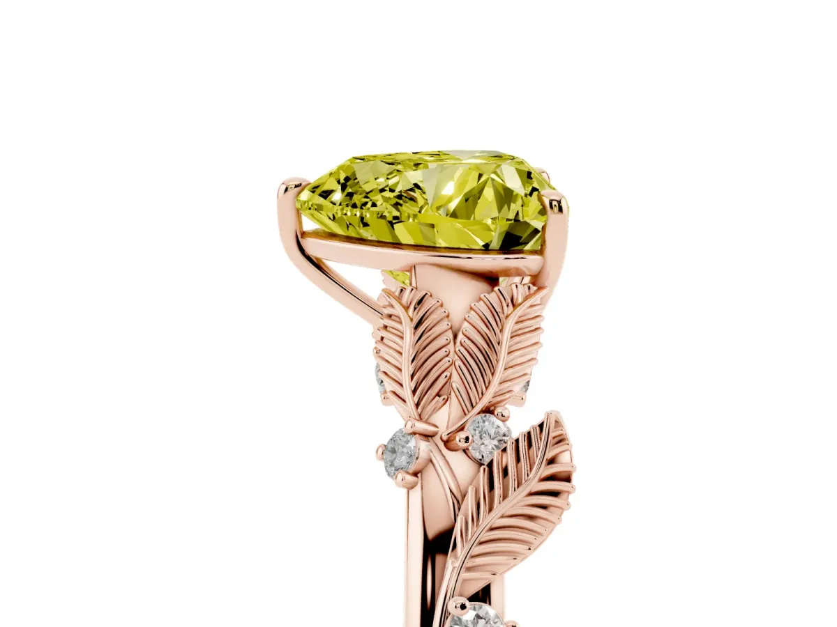 Fancy Yellow Heart Cut Diamond Solitaire Ring with Leaf Motif Band and Four-Prong Setting Rose gold