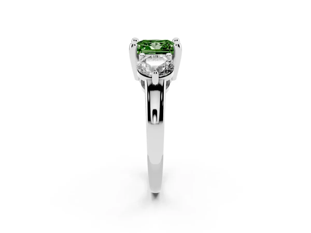 Fancy Green Three-Stone Princess Cut Brilliant Cut Solitaire Ring with Prong Setting on a Classic Band Platinum