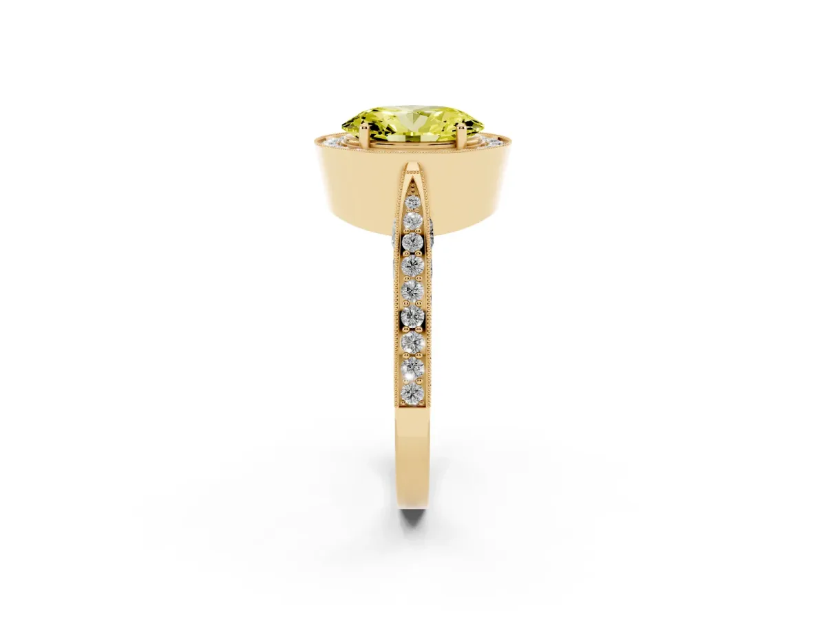 Fancy Yellow Oval Cut Halo Diamond Engagement Ring with Split Shank Band and Four-Prong Setting Yellow gold