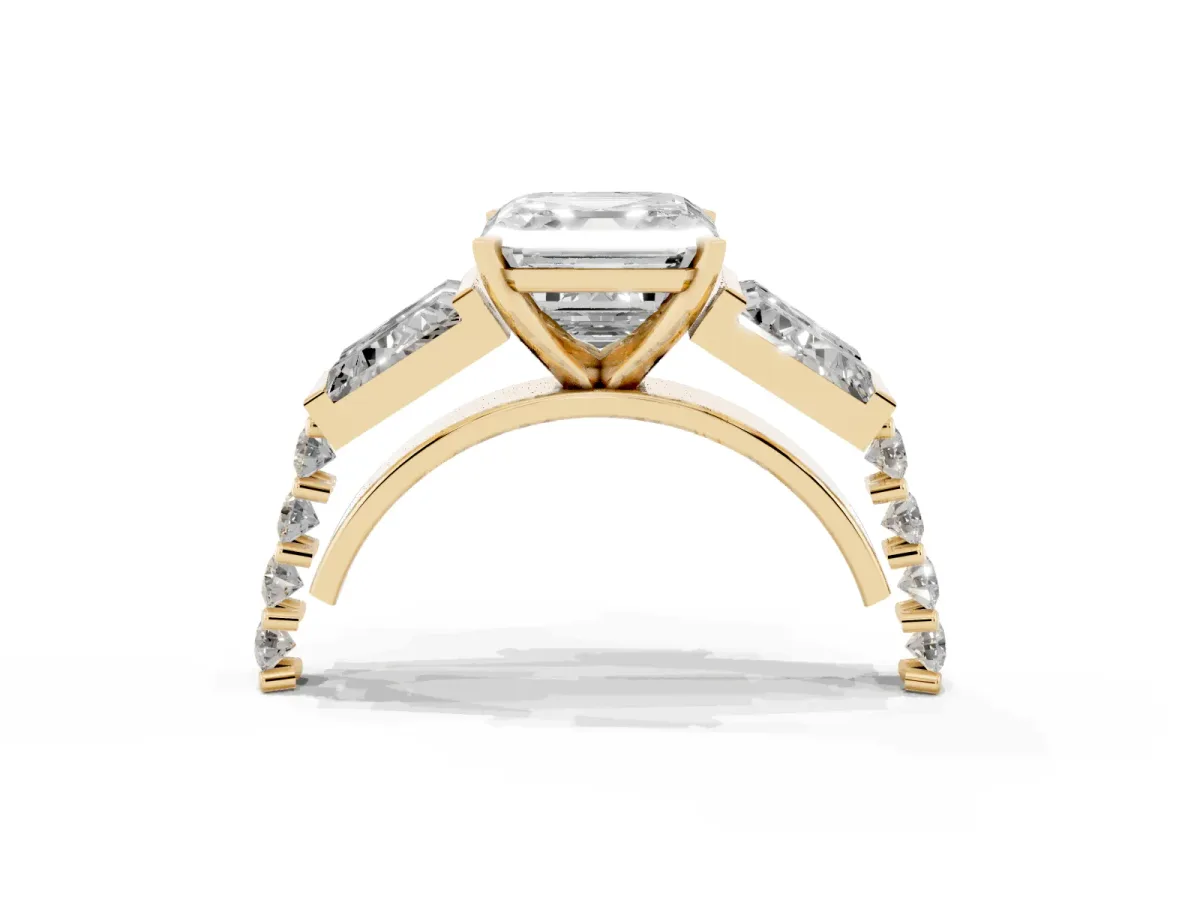 Asscher Cut Diamond Engagement Ring with Baguette Side Stones and Channel Set Band Yellow gold