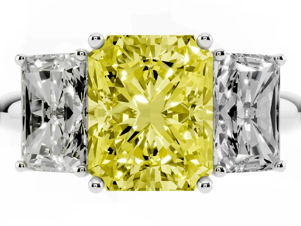 Fancy Yellow Three-Stone Radiant Cut Cut Diamond Engagement Ring with Prong Setting on a White Gold Band White gold