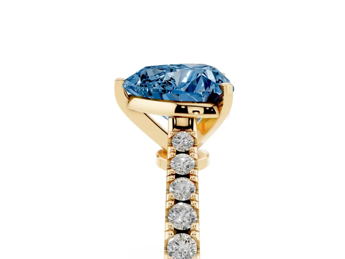Fancy Blue Heart Cut Cut Solitaire Diamond Engagement Ring with Pave Band and Four-Prong Setting Yellow gold