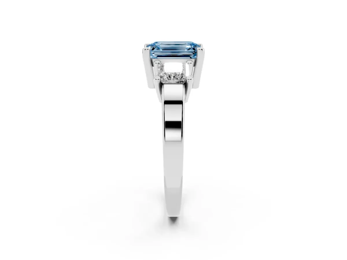 Fancy Blue Three-Stone Emerald Cut Cut Solitaire Ring with Prong Setting Silver