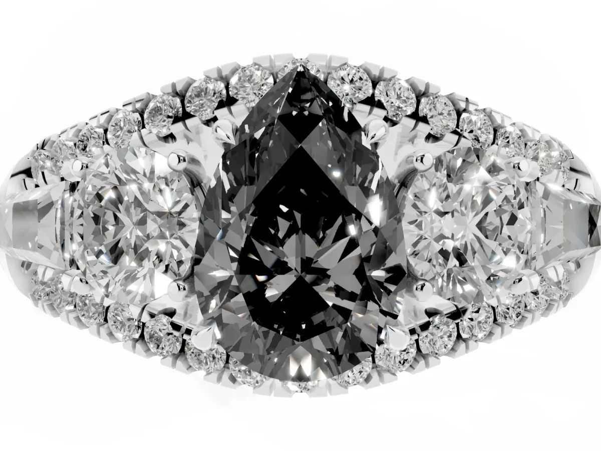 Fancy Black Three-Stone Pear Cut Diamond Engagement Ring with Pave Band and Prong Setting Silver