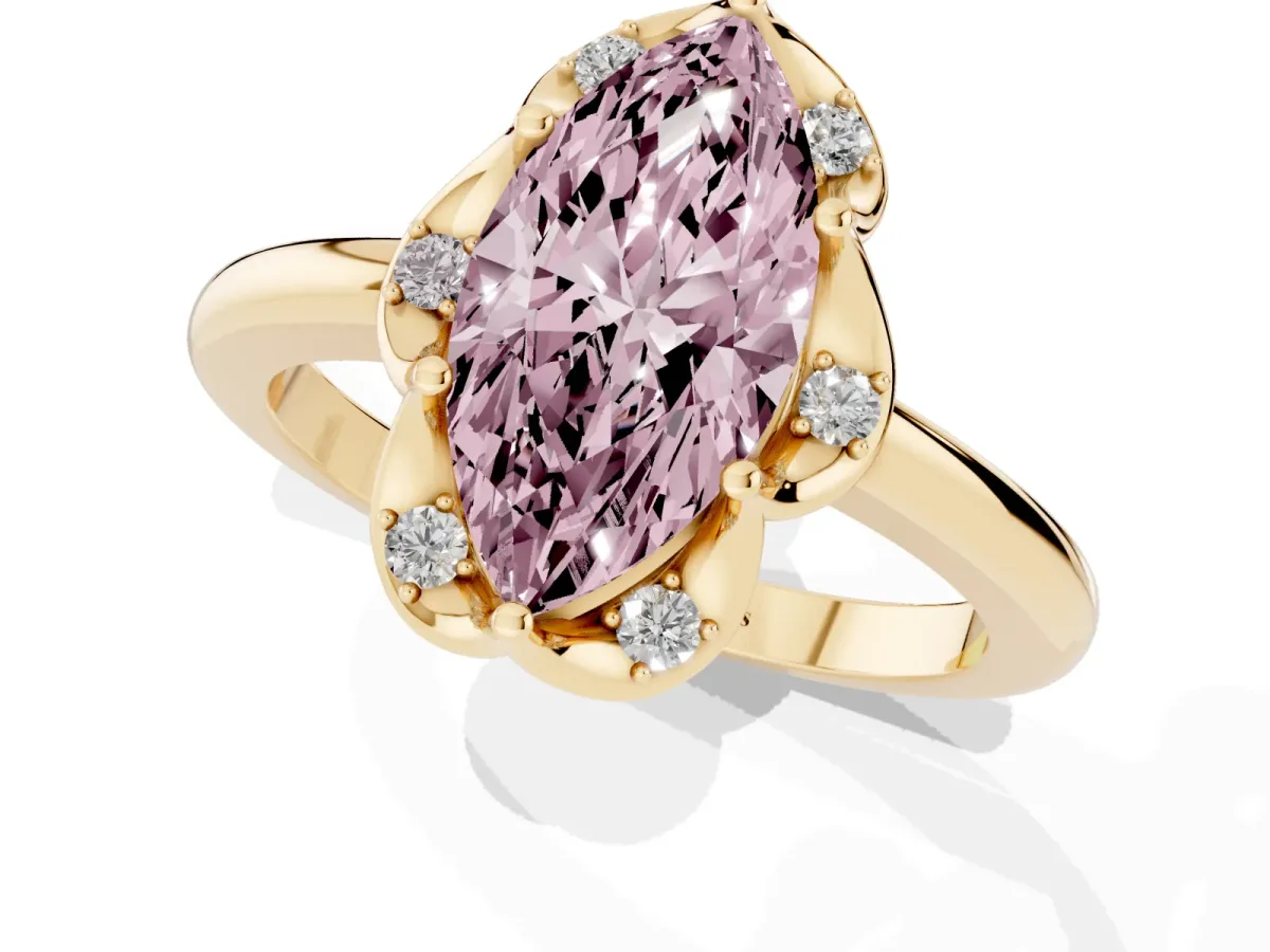 Fancy Pink Marquise Cut Halo Diamond Ring with Round Cluster Setting, Solitaire Band, and Four-Prong Setting Yellow gold