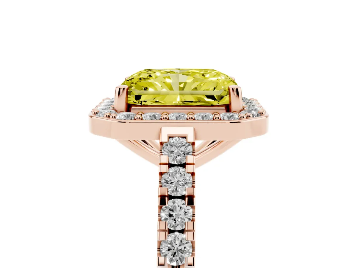 Fancy Yellow Radiant Cut Diamond Halo Ring with Round Pavé Split Shank and Prong Setting Rose gold