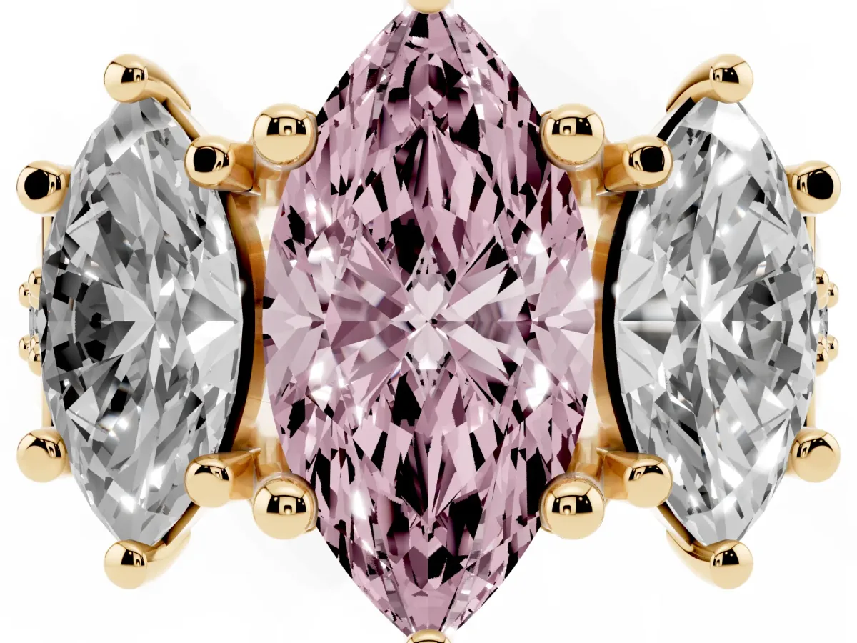 Fancy Pink Marquise Cut Diamond Three-Stone Ring with Channel Set Band and Four-Prong Setting Yellow gold