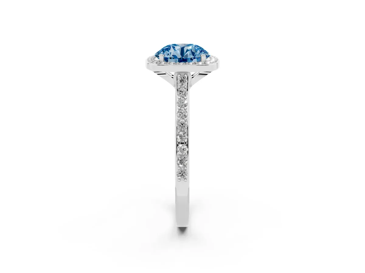 Fancy Blue Round Cut Diamond Halo Engagement Ring with Round Pavé Shoulders and Prong Setting Platinum