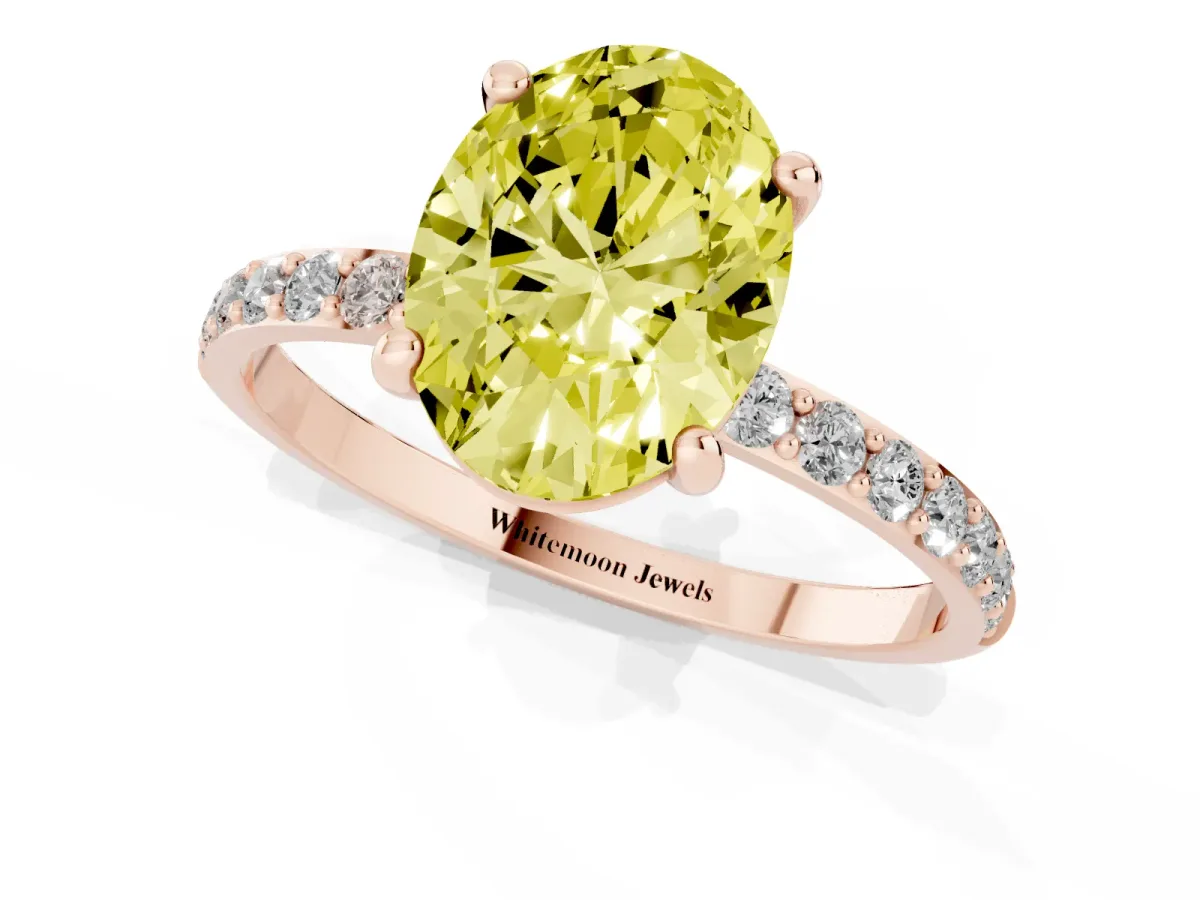 Fancy Yellow Oval Cut Diamond Solitaire Ring with Round Pavé Band and Prong Setting Rose gold