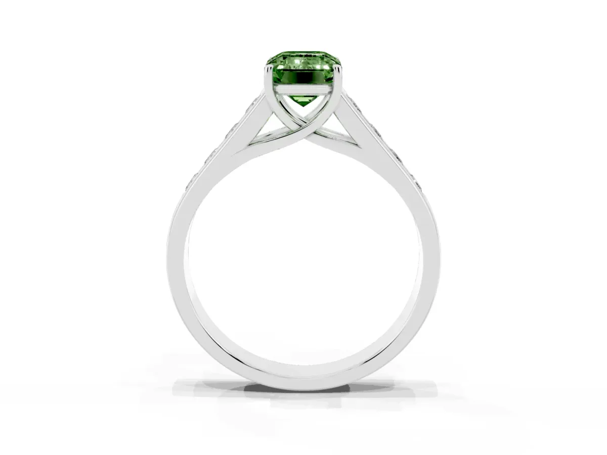Fancy Green Emerald Cut Brilliant Channel-Set Solitaire Ring with Four-Prong Setting White gold