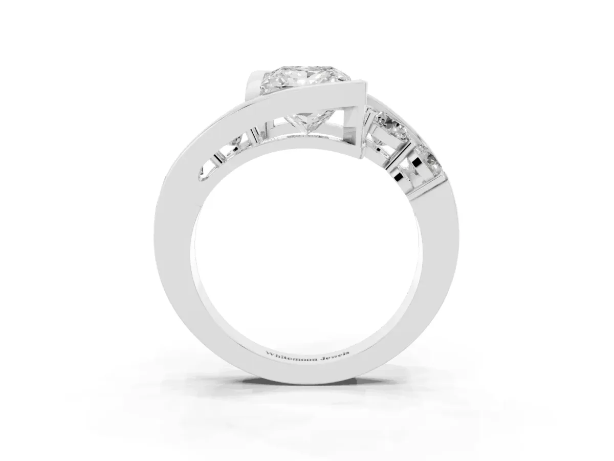 Bezel Set Princess Cut Diamond Bypass Ring with Round Accents Platinum