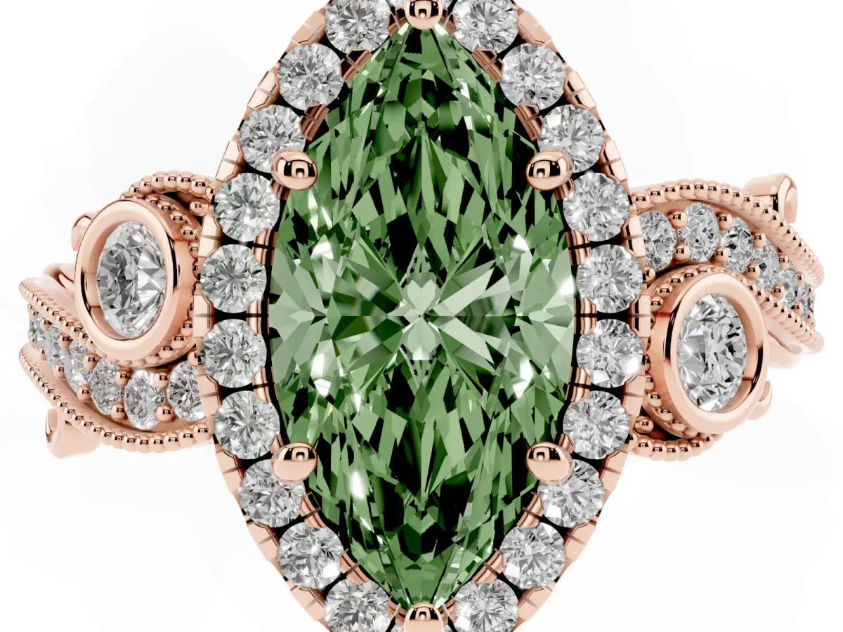 Fancy Green Marquise Cut Diamond Halo Ring with Milgrain Pavé Band and Four-Prong Setting Rose gold