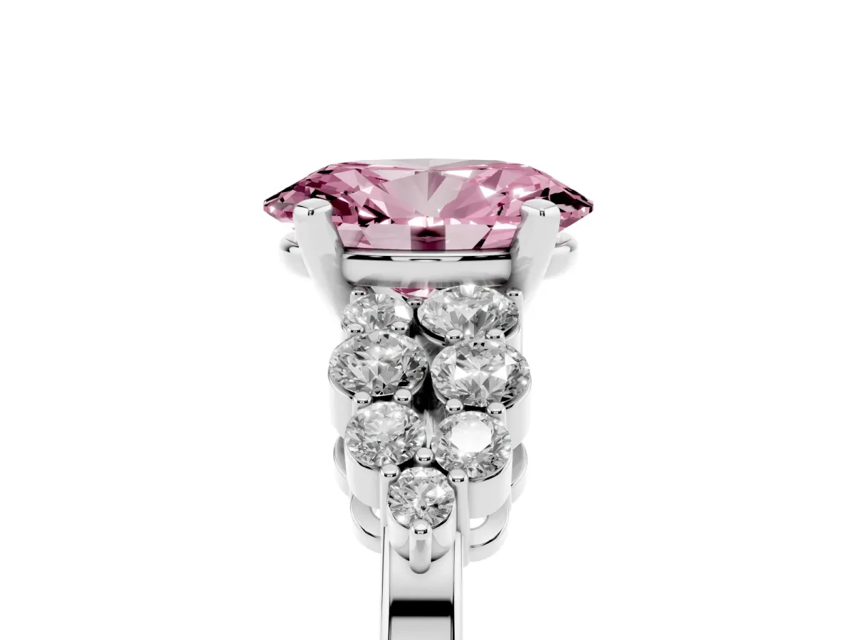 Fancy Pink Oval Cut Cluster Diamond Engagement Ring with Pavé Band and Four-Prong Setting Platinum