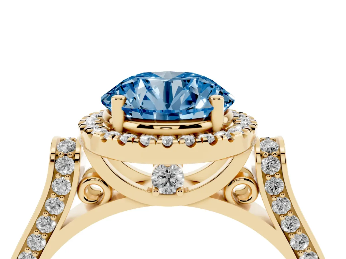 Fancy Blue Round Cut Halo Round Diamond Twist Band with Four-Prong Setting Yellow gold