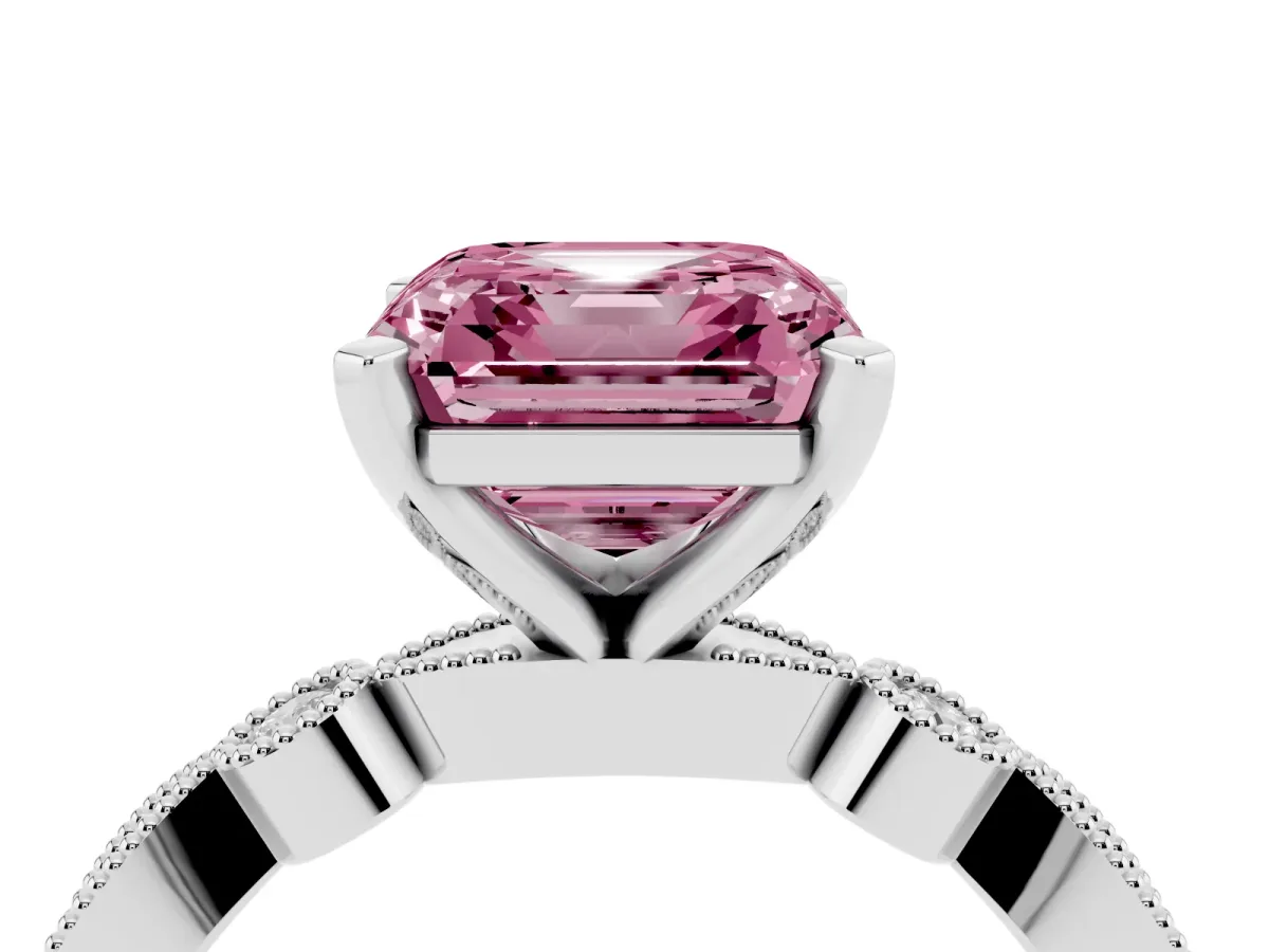 Fancy Pink Asscher Cut Milgrain Bezel Diamond Engagement Ring with Solitaire Prong Setting Platinum