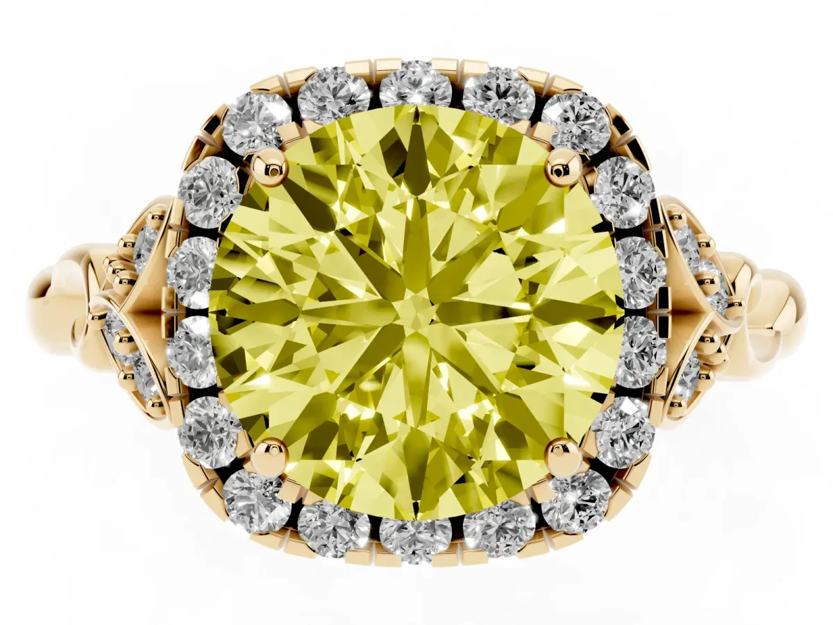 Fancy Yellow Round Cut Halo Diamond Engagement Ring with Vintage-Inspired Band and Four-Prong Setting Yellow gold