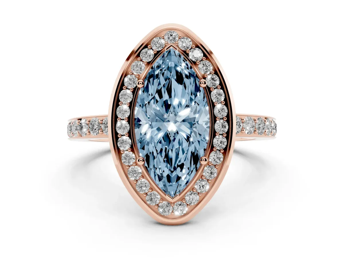 Fancy Blue Marquise Cut Diamond Halo Ring with Bezel Frame and Pavé Band Rose gold