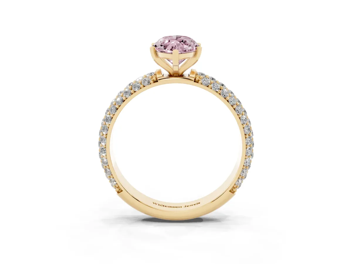 Fancy Pink Marquise Cut Diamond Solitaire Ring with Prong Setting and Pavé Band Yellow gold