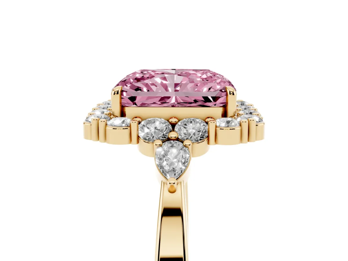 Fancy Pink Radiant Cut Diamond Halo Ring with Pear Side Stones and Prong Setting Yellow gold