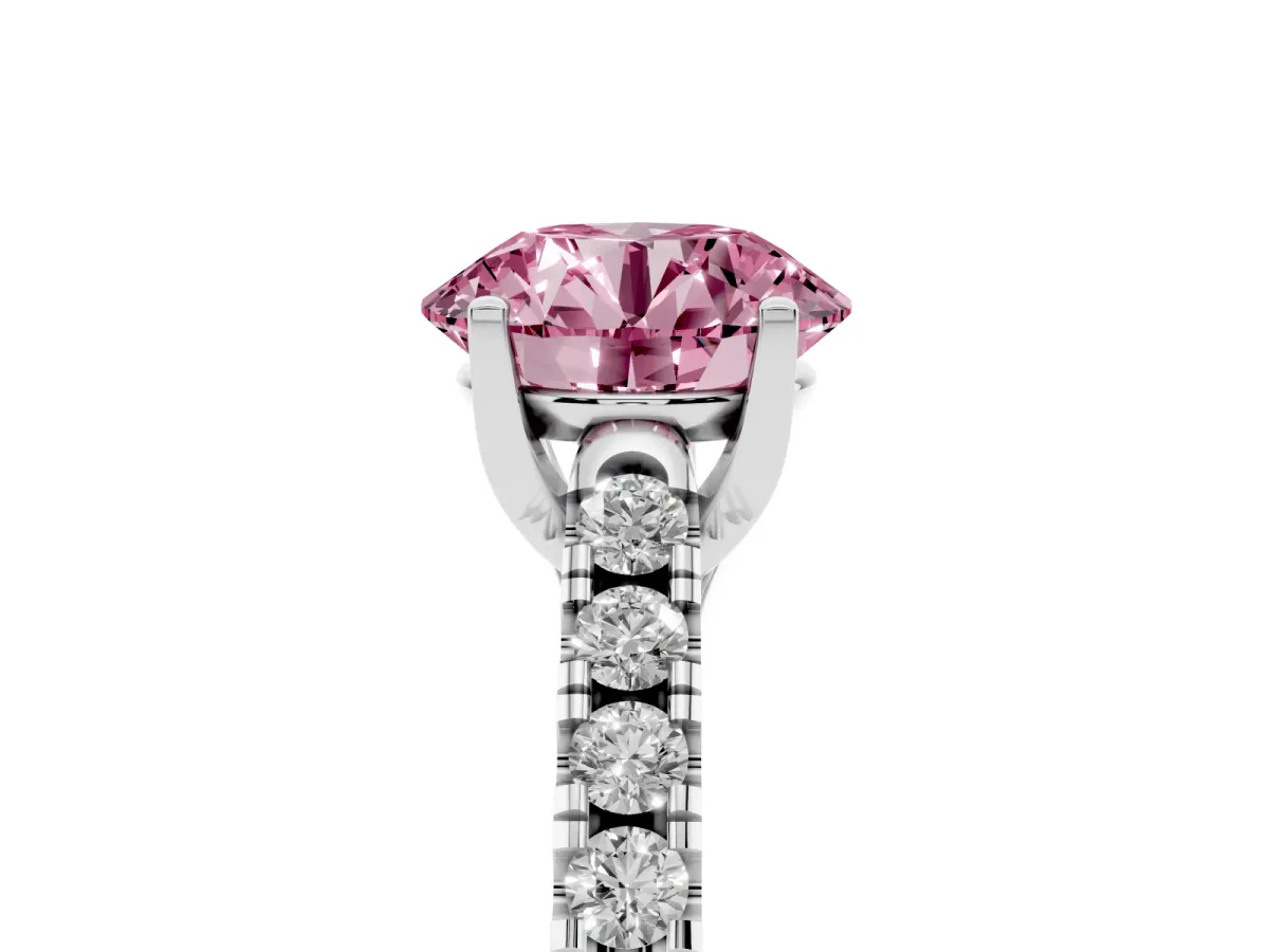 Fancy Pink Round Cut Diamond Pavé Band Solitaire Ring with Prong Setting Platinum