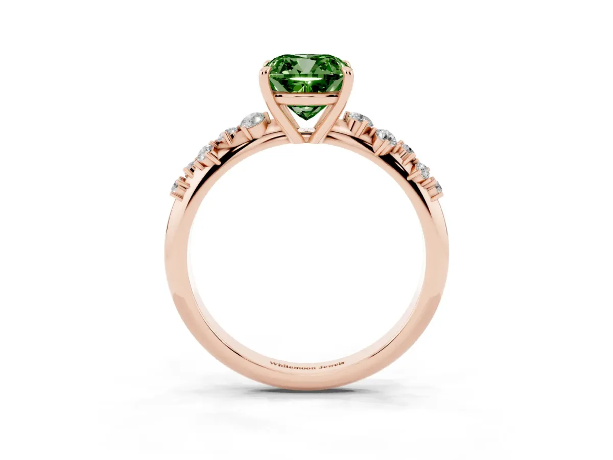 Fancy Green Cushion Cut Diamond Cluster Side Stone Solitaire Ring with Prong Setting Rose gold