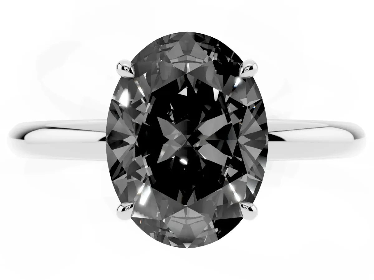 Fancy Black Oval Cut Diamond Solitaire Ring with Thin Band and Four-Prong Setting Platinum