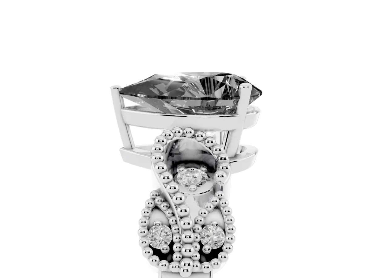 Fancy Black Pear Cut Solitaire Milgrain Leaf Band with Prong Setting Silver