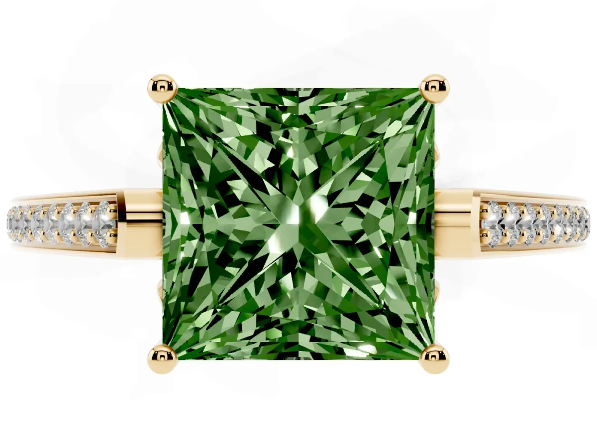 Fancy Green Princess Cut Cut Cathedral Pave Diamond Engagement Ring with Six-Prong Setting Yellow gold