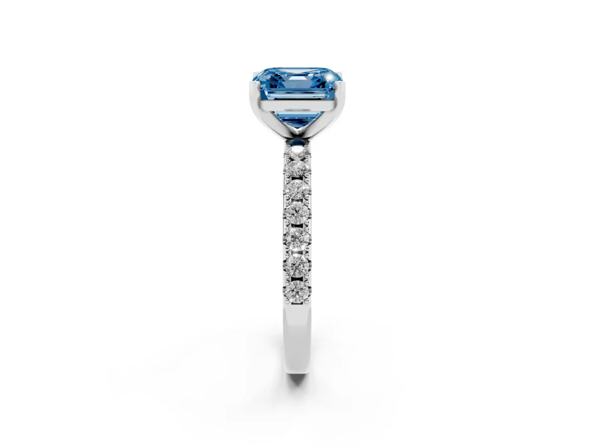 Fancy Blue Asscher Cut Diamond Solitaire Pavé Band with Four-Prong Setting Silver