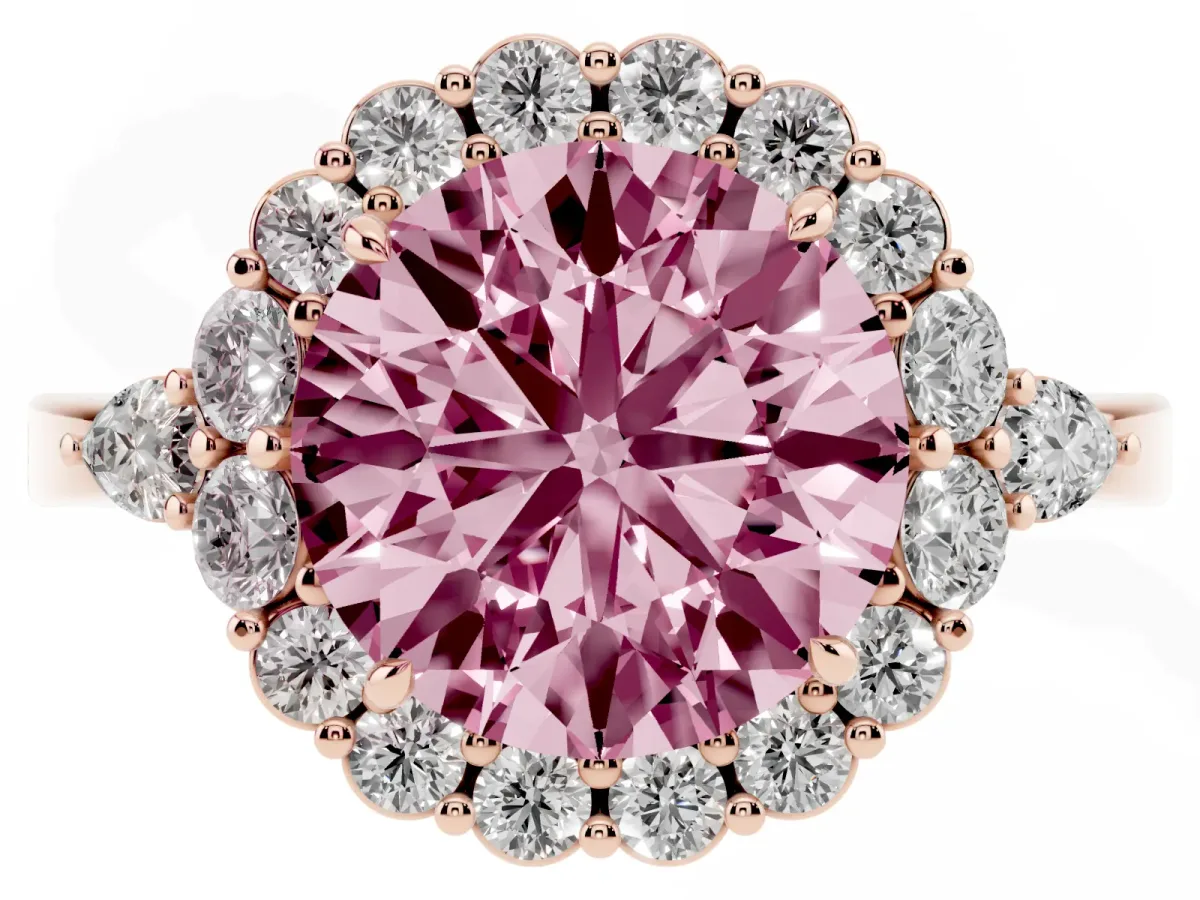Fancy Pink Round Cut Diamond Halo Ring with Pear Side Stones and Prong Setting Rose gold