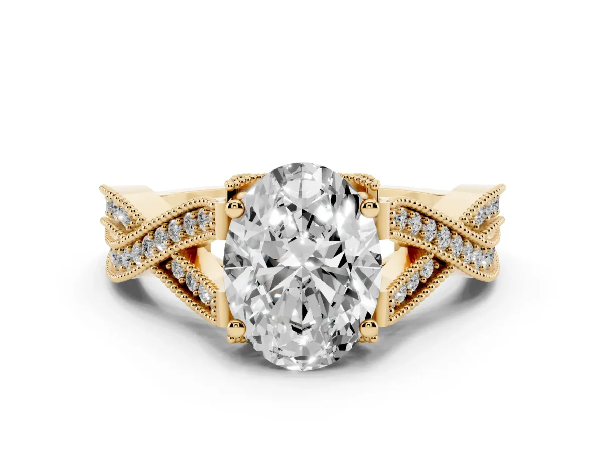 Oval Cut Cut Diamond Twisted Band with Milgrain Pave Setting and Four-Prong Setting Yellow gold
