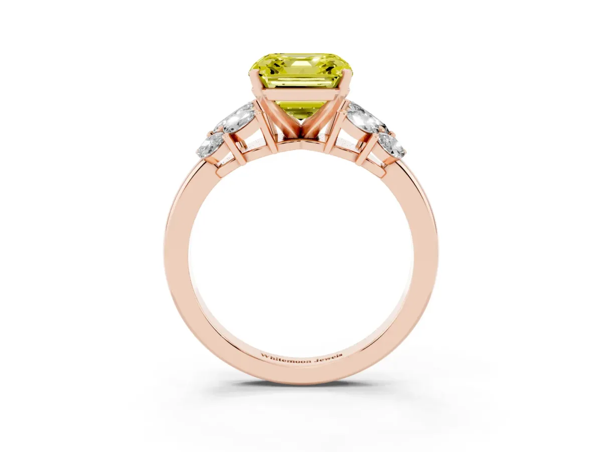 Fancy Yellow Asscher Cut Diamond Cluster Leaf Design Ring with Prong Setting Rose gold