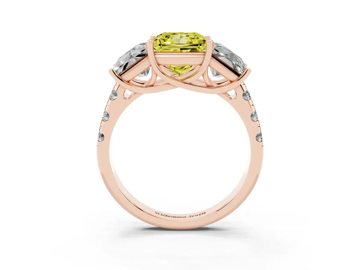 Fancy Yellow Three-Stone Princess Cut Diamond Pavé Band with Prong Setting Rose gold