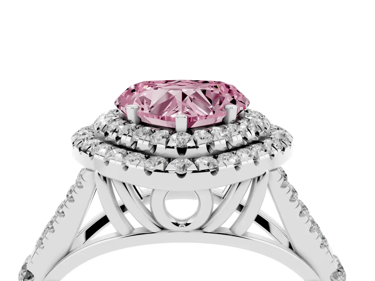Fancy Pink Heart Cut Cut Double Halo Split Shank Diamond Ring with Prong Setting Platinum