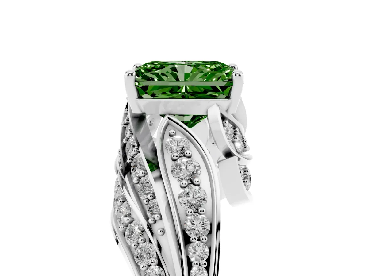 Fancy Green Radiant Cut Diamond Solitaire Ring with Prong Setting and Twisted Pavé Band Silver