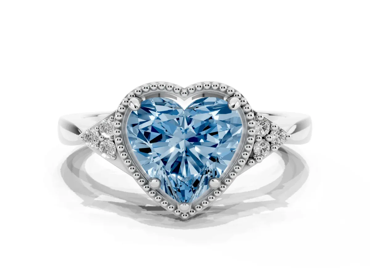 Fancy Blue Hexagonal Halo Heart Cut Diamond Solitaire with Pavé Band and Four-Prong Setting Silver