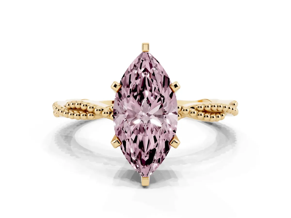 Fancy Pink Marquise Cut Solitaire Twisted Band with Bead Prong Setting Yellow gold