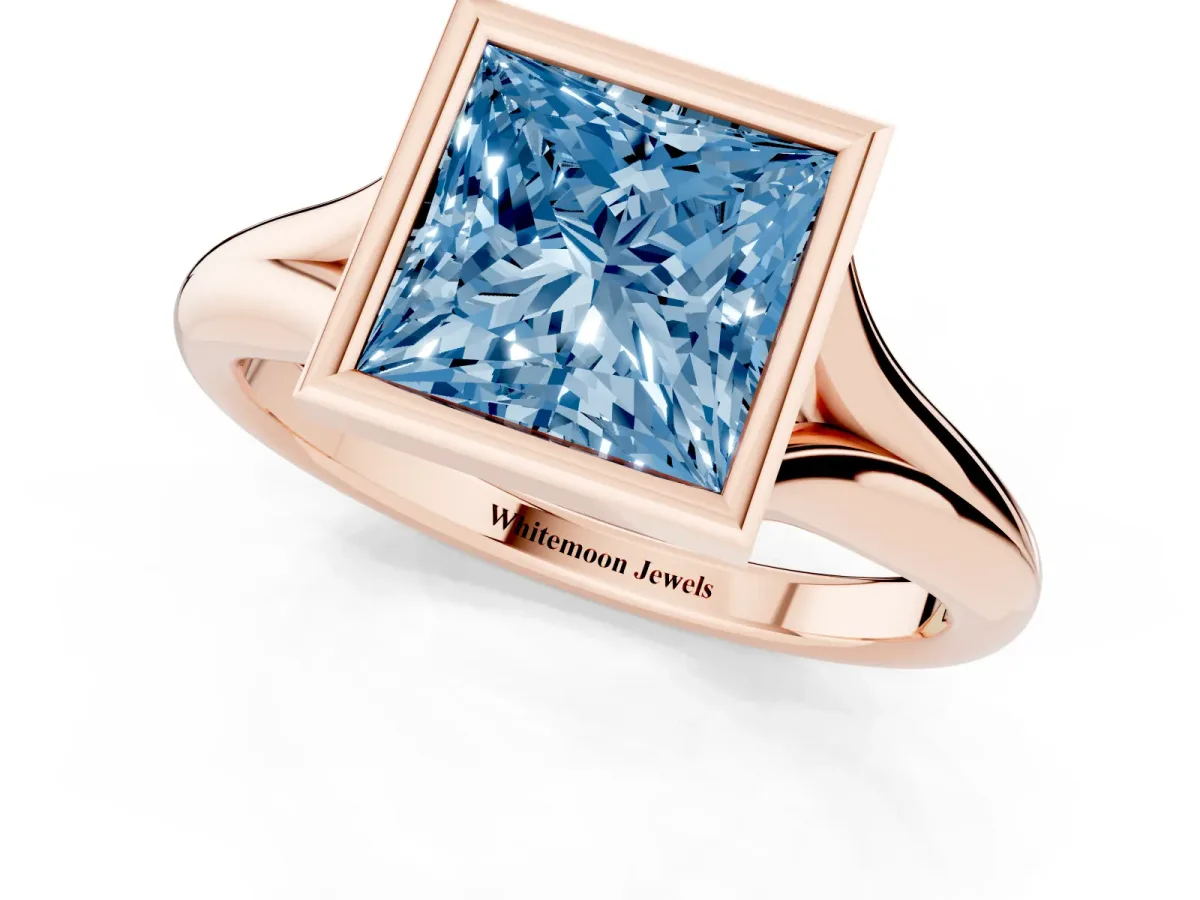 Fancy Blue Bezel Set Princess Cut Solitaire Diamond Ring with Smooth Band Rose gold