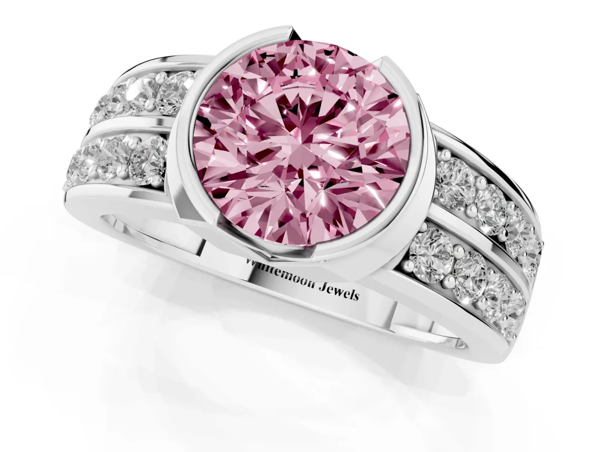 Fancy Pink Round Cut Brilliant Diamond Channel Set Wide Band Ring with Bezel Setting White gold